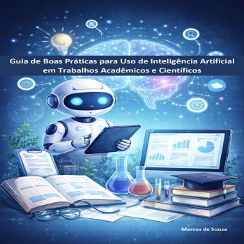 Capa ilustrada sobre inteligência artificial na pesquisa acadêmica. Um robô branco segura um tablet em um ambiente com livros, gráficos, frascos de laboratório e computador. Ao fundo, há a imagem de um cérebro digital conectado por luzes azuis. No topo, o título “Guia de Boas Práticas para Uso de Inteligência Artificial em Trabalhos Acadêmicos e Científicos”. No canto inferior direito, aparece o nome “Marcos de Souza”.